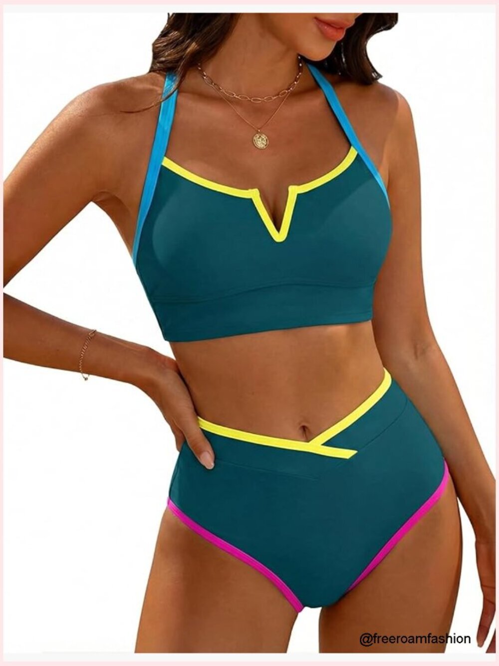 High Waisted Bikini Set with Tummy Control Sporty V-Neck Crop Top Bathing Suit